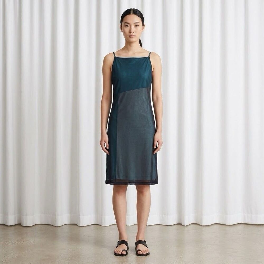 Express Women’s 7/8 Teal Mesh Colorblock Dress Straight Knee Boho